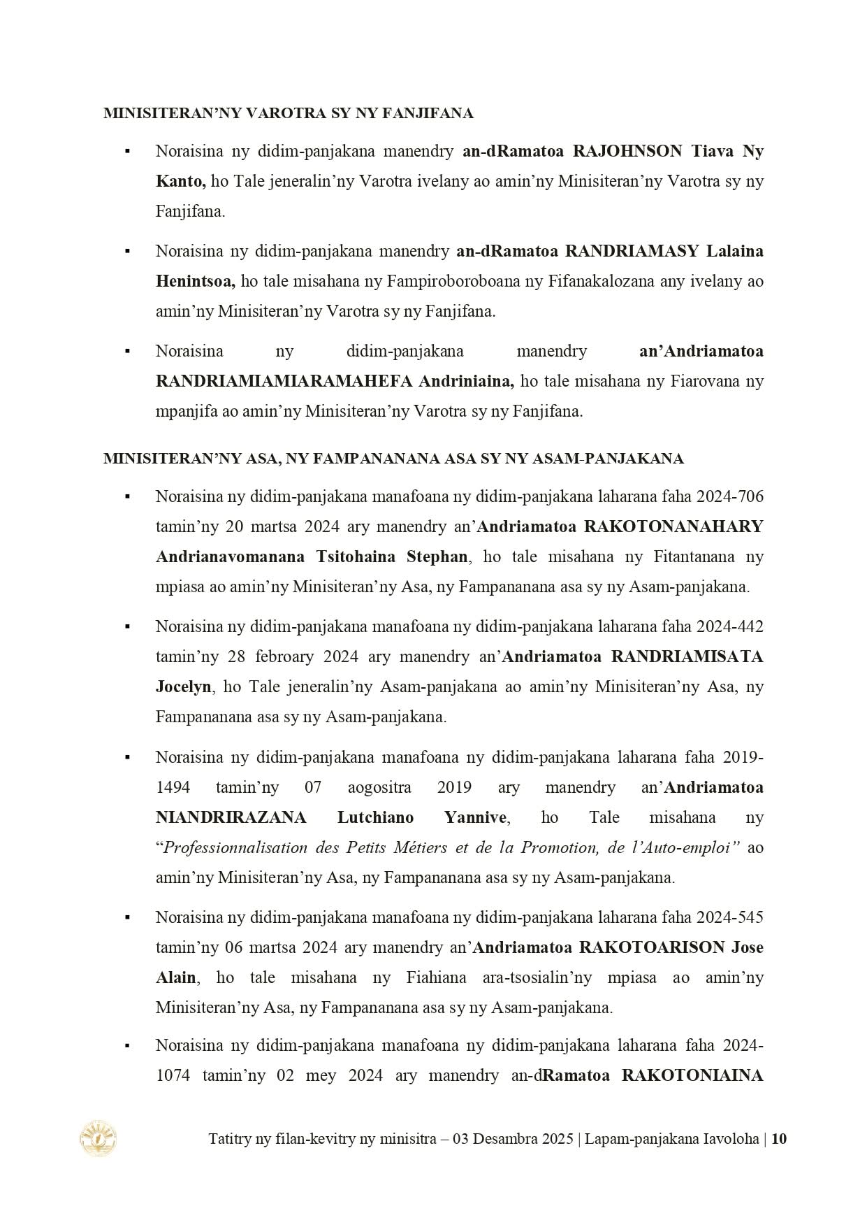 Page du Conseil : CONSEIL DES MINISTRES DU 𝟎𝟑 𝐃𝐄𝐒𝐀𝐌𝐁𝐑𝐀 𝟐𝟎𝟐𝟓