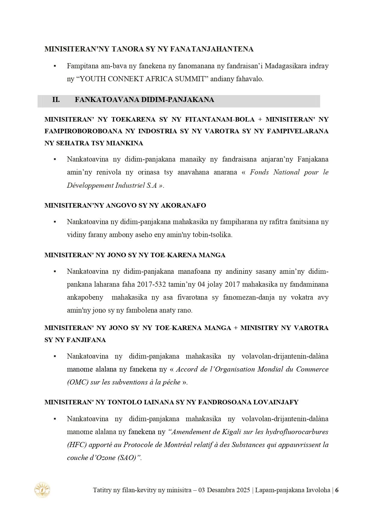 Page du Conseil : CONSEIL DES MINISTRES DU 𝟎𝟑 𝐃𝐄𝐒𝐀𝐌𝐁𝐑𝐀 𝟐𝟎𝟐𝟓